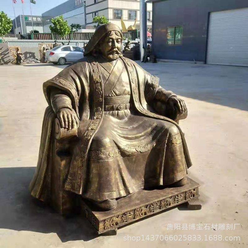 仿铜玻璃钢成吉思汗草原英雄坐像站像铁木真雕塑人物景观装饰厂家