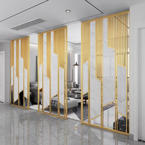 轻奢金属铁艺屏风隔断简约现代镂空入户玄关客餐厅办公装饰不锈钢