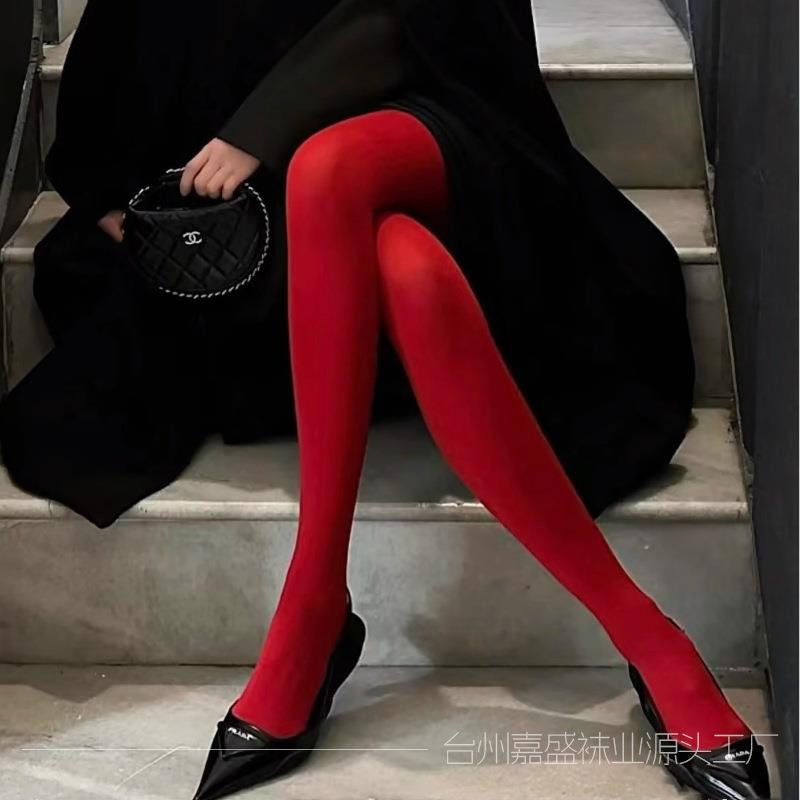 红色连裤袜女复古天鹅绒秋冬打底袜内穿外搭显瘦博主红裤袜紧身塑