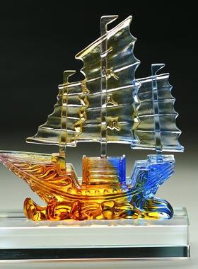 高档一帆风顺帆船摆件轻奢高档工艺品琉水晶办船室家居璃客厅公装