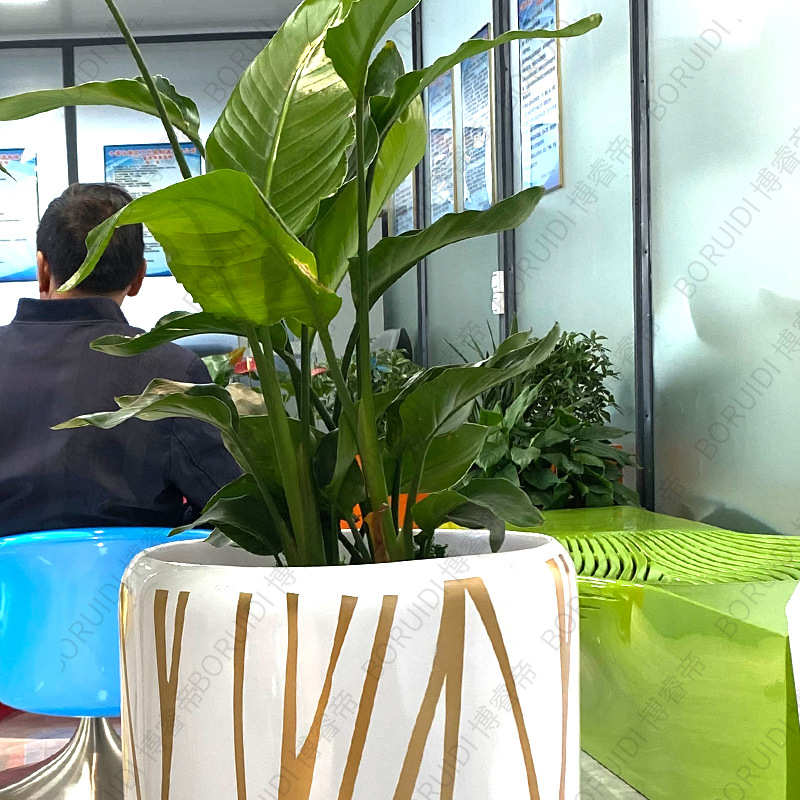 玻璃钢圆柱彩绘纹路花盆商场酒店会所圆形组合线体美陈绿植花器