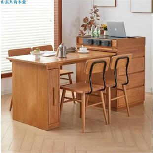 北欧樱桃木实木岛台餐桌一体北欧黑胡桃木岩板餐厅伸缩储物餐边柜