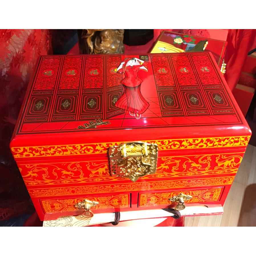 高档推光漆首饰盒质平遥红器加色收纳复古结婚木带锁龙凤厚28三层