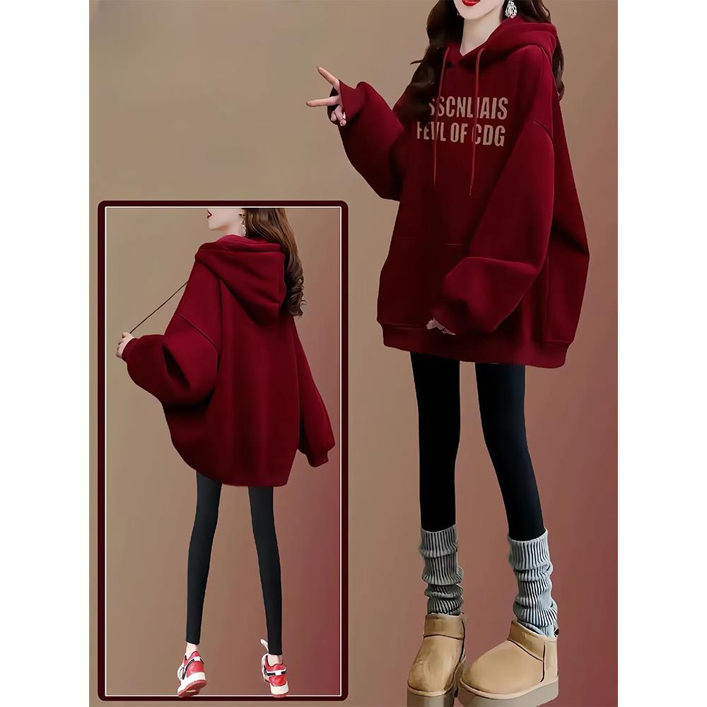 采购产品红色连帽运动衫,为妇女,秋天的衣服,韩国风格的服装,