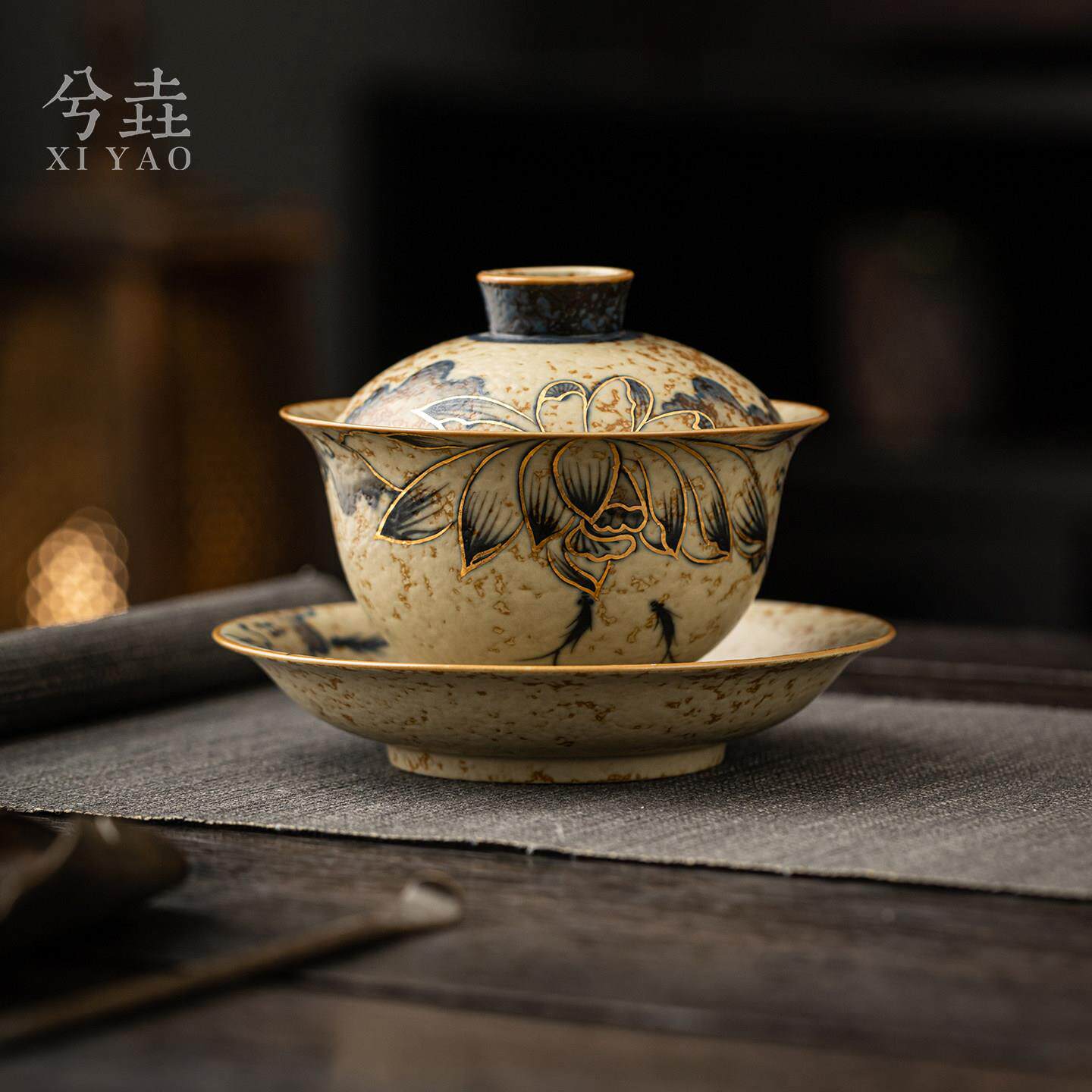 青花火石红手绘莲花盖碗陶瓷功夫茶具复古金边三才茶碗茶杯送礼盒