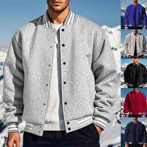 Men American baseball jacket stripes collar cuffs hem sporty