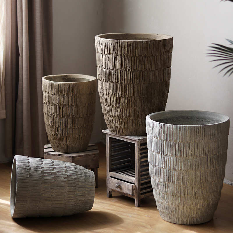 复古仿木纹大口径花盆客厅庭院商场落地高款创意琴叶榕蒲葵绿植盆