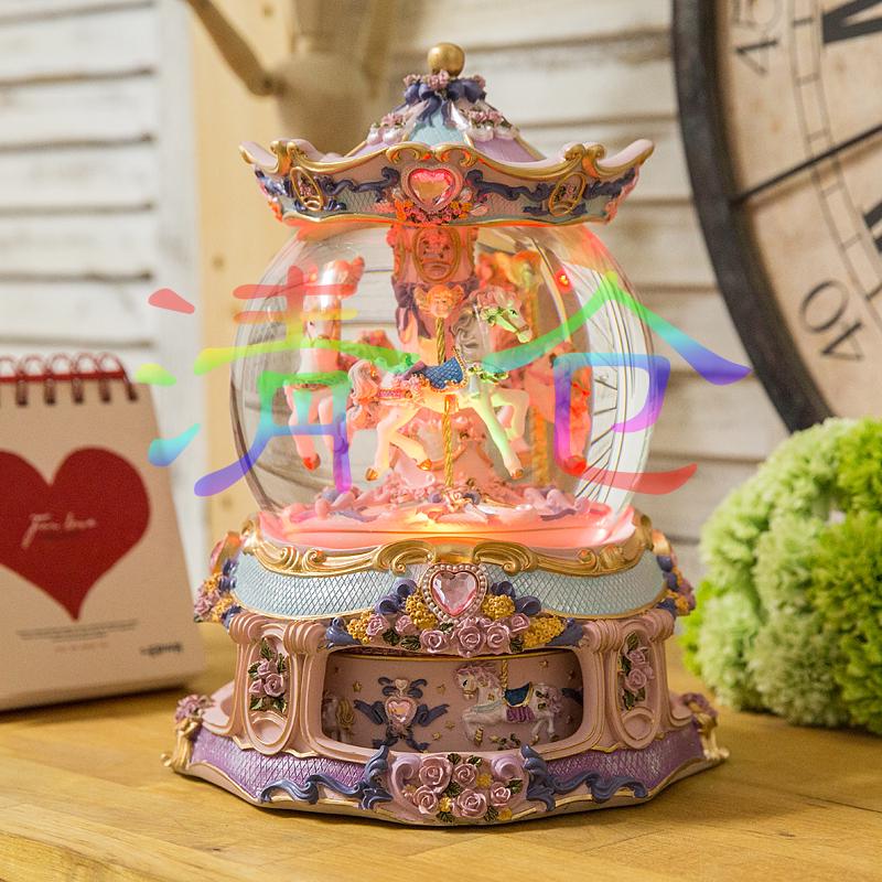 旋转木马水晶球音乐盒八音盒送女生朋友创意可爱生日礼物雪花带灯