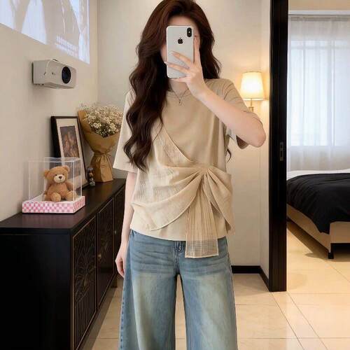 Mesh patchwork short sleeved t-shirt for women, revealing