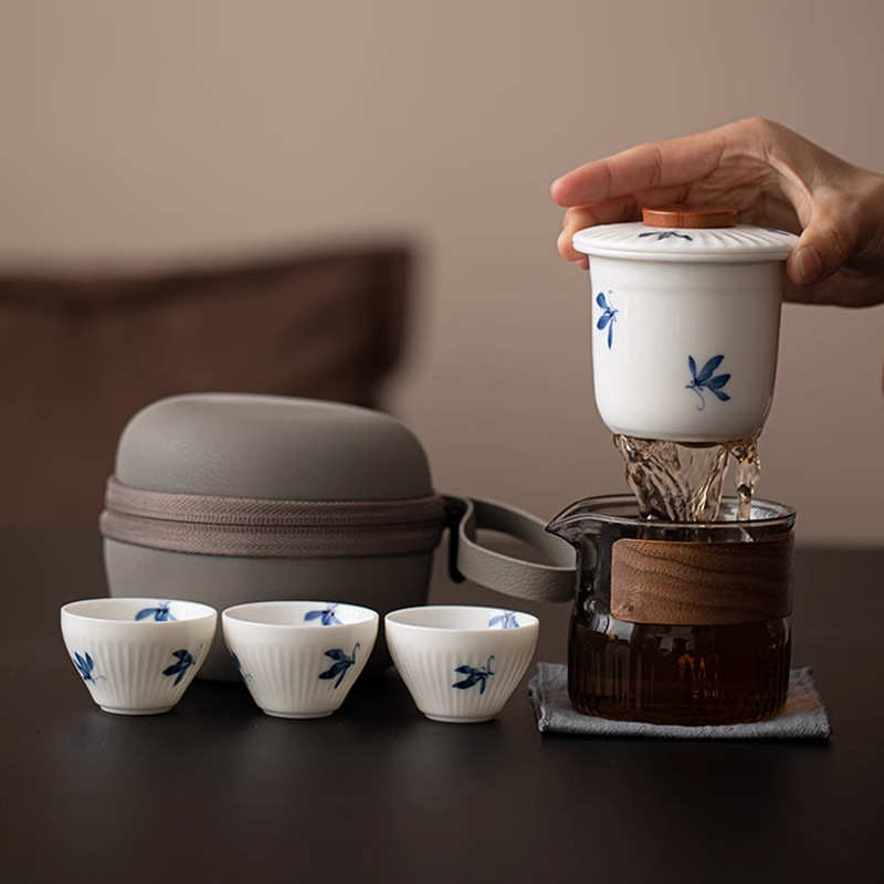 手绘白瓷东篱快客杯 户外陶瓷一壶三杯玻璃便携式旅行功夫茶具