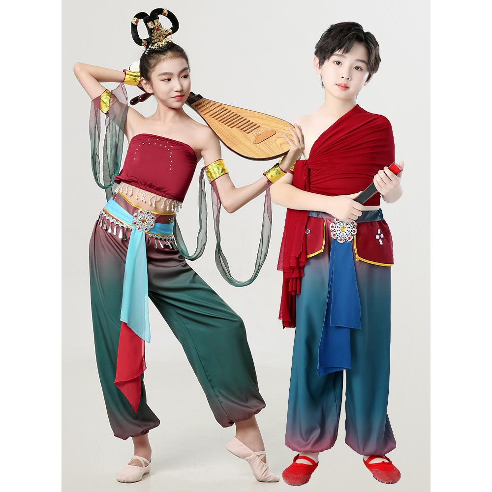 儿童飞天敦煌舞蹈服装表演服装涟漪舞漩涡鼓优雅群舞服装女孩表演图片