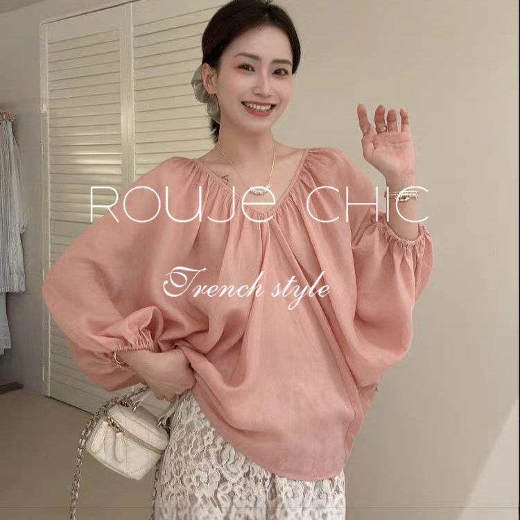 法国rouje chic夏季法式粉色V领衬衫上衣女蕾丝钩花半身裙两件套