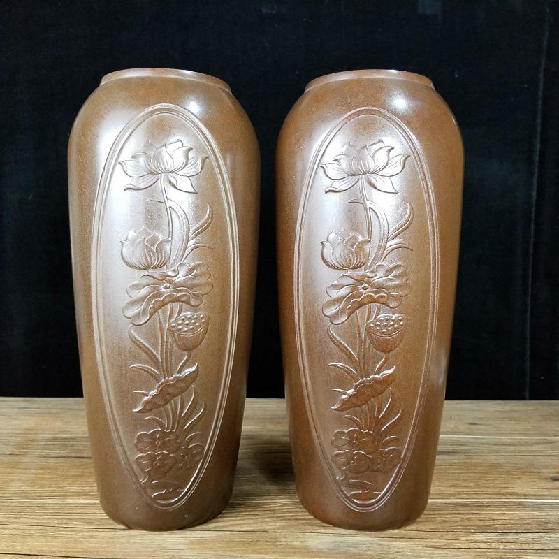 铜花瓶荷花莲藕古铜插花瓶家用办公古玩收藏装饰工艺品摆件