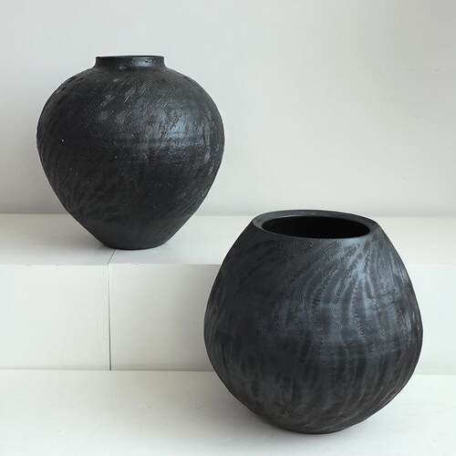 装大肚圆陶罐纯工艺术感花瓶空间花器摆件手鲜茶花绿植器皿WZE民