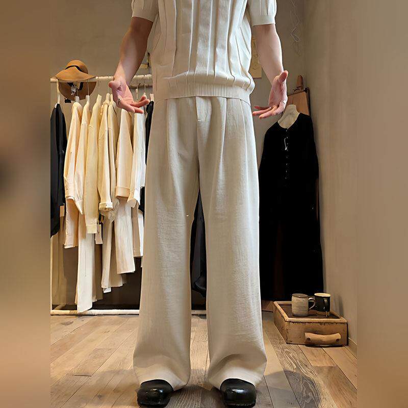 高端米白色天丝亚麻裤男款2026夏季松弛感老钱风裤子阔腿弯刀西裤