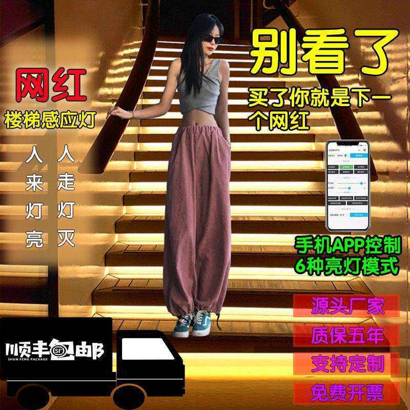 网红楼梯踏步灯 led智能感应台阶追光流水跑马灯带台阶暗藏电源灯