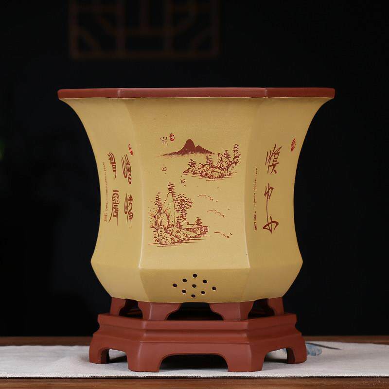 中国风六角紫砂花盆 宜兴紫砂大号兰花盆 陶瓷君子兰客厅盆景花器