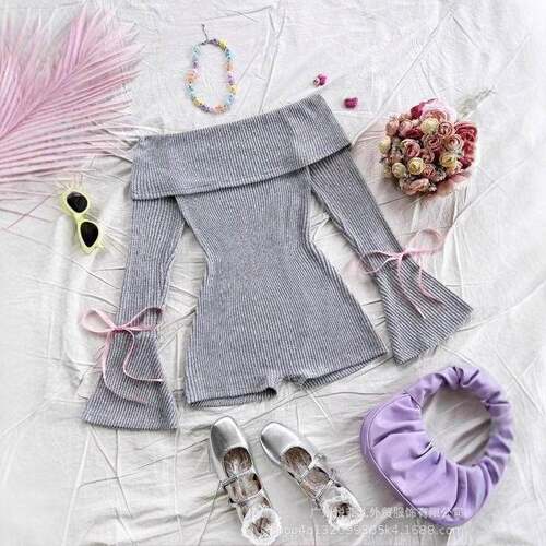 Womens Solid Ribbed Off Shoulder Flounce Sleeve Romper
