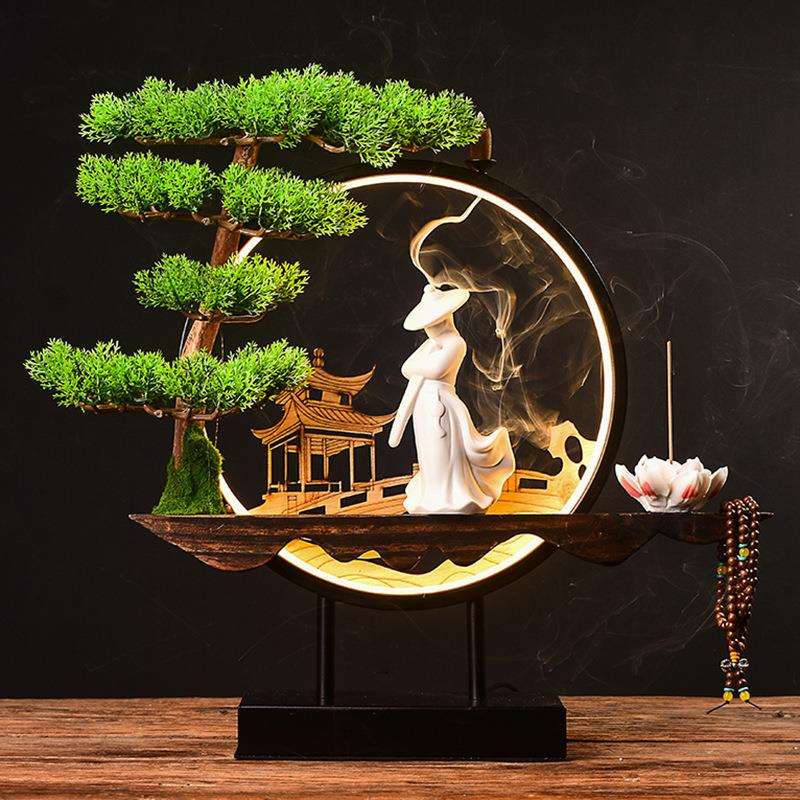 灯圈木质底座陶瓷人物仿真树倒流香一整体咖啡厅休闲厅酒店摆件品