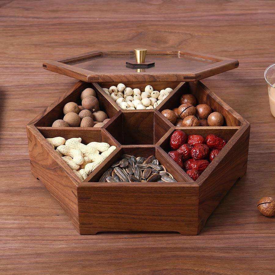 新年实木干果盒分格带盖干果盘新中式木质果盒婚庆日用黑胡桃木盒