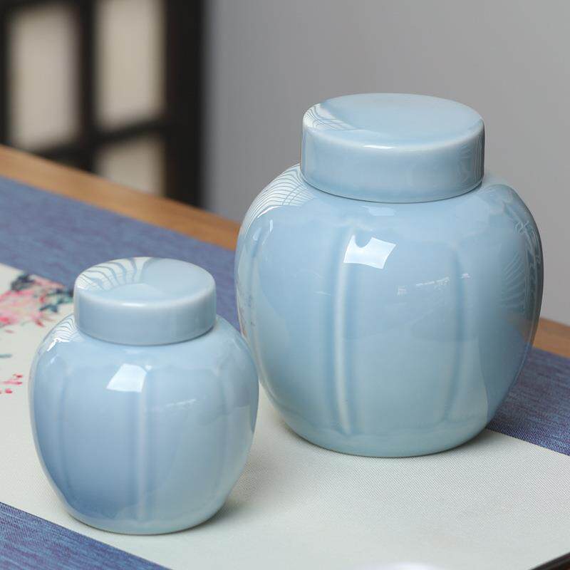 青瓷茶叶罐中小号普洱茶白茶罐便携式储茶罐中式布袋礼盒龙井茶缸