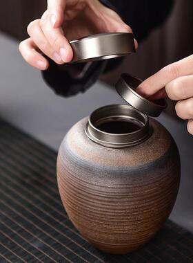 古早烧粗陶大号茶叶罐防潮复古醒茶罐陶瓷存茶盒密封茶叶存储罐
