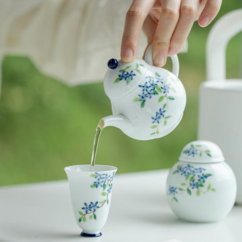 束刻纯手绘小蓝花小品思亭壶白瓷玉泥陶瓷茶具泡茶壶手执壶带过滤