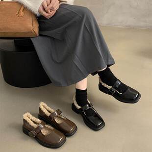 香港加绒小皮鞋女英伦2025新款仙女风复古方头玛丽珍鞋女厚底单鞋