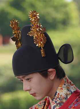 乌衣巷明制乌纱帽汉服婚礼新郎帽子男簪花红玛瑙古风首服
