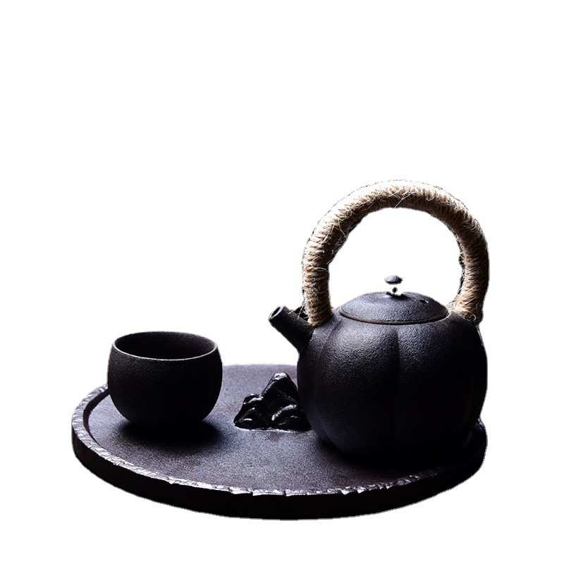 简约家用黑陶功夫茶具套装日式枯山水和风茶台禅意陶瓷干泡盘