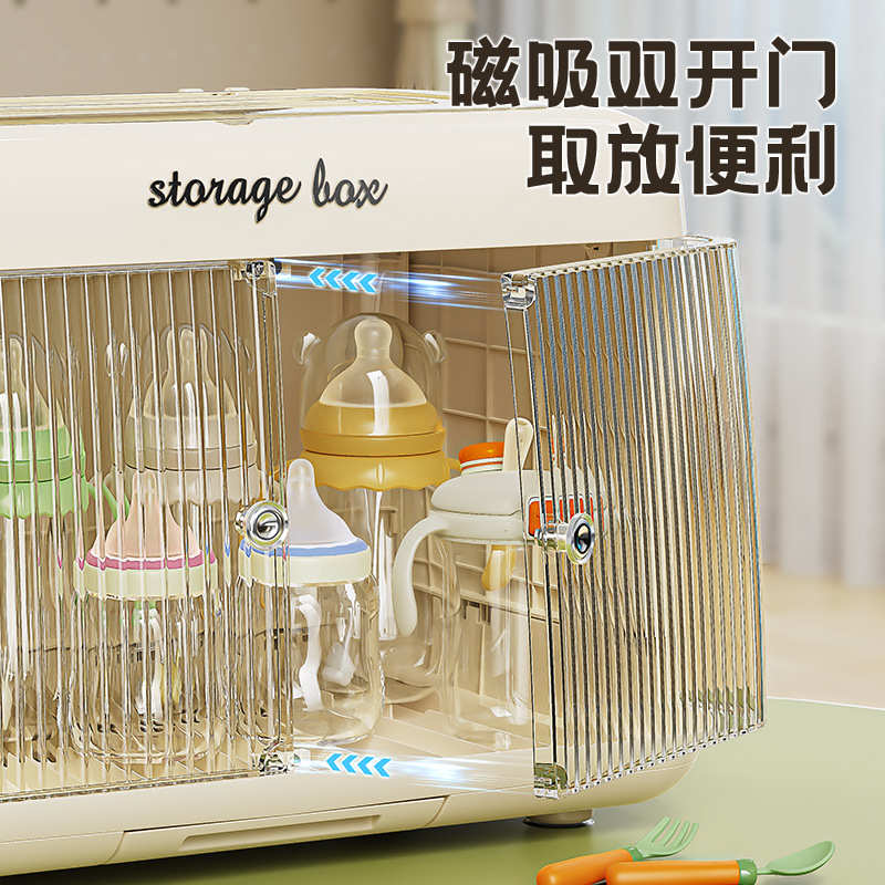 奶瓶收纳箱可折叠碗柜多功能带盖防尘收纳盒杯架大容量磁吸双开门