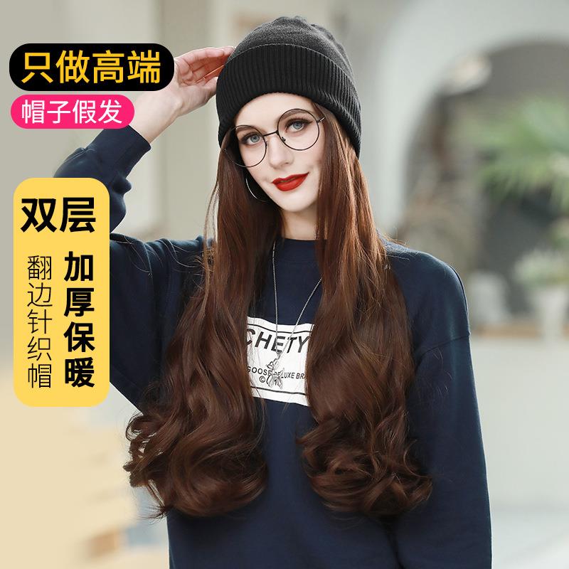 新款直销帽子假发女长发大波浪假发带帽子一体款长卷发全头套