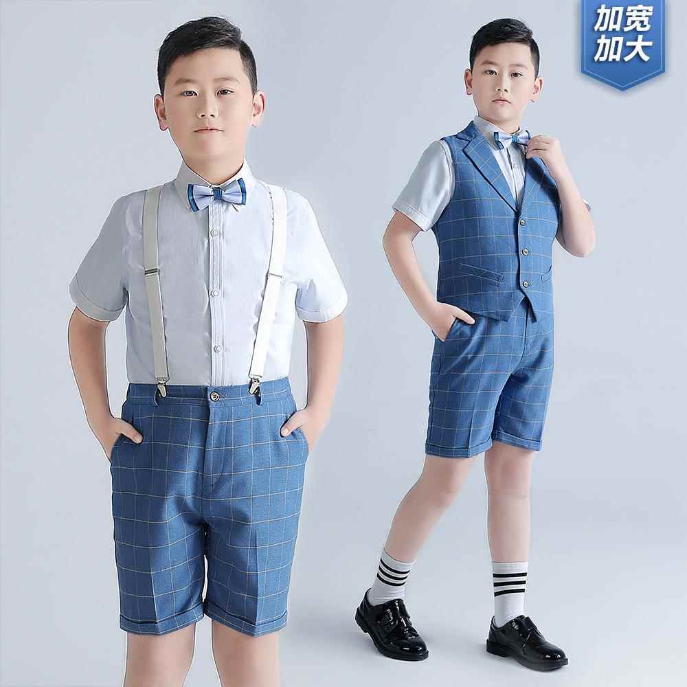 男童礼服夏季新款加肥加大短袖背带裤套装胖版中大童演出衣服定制