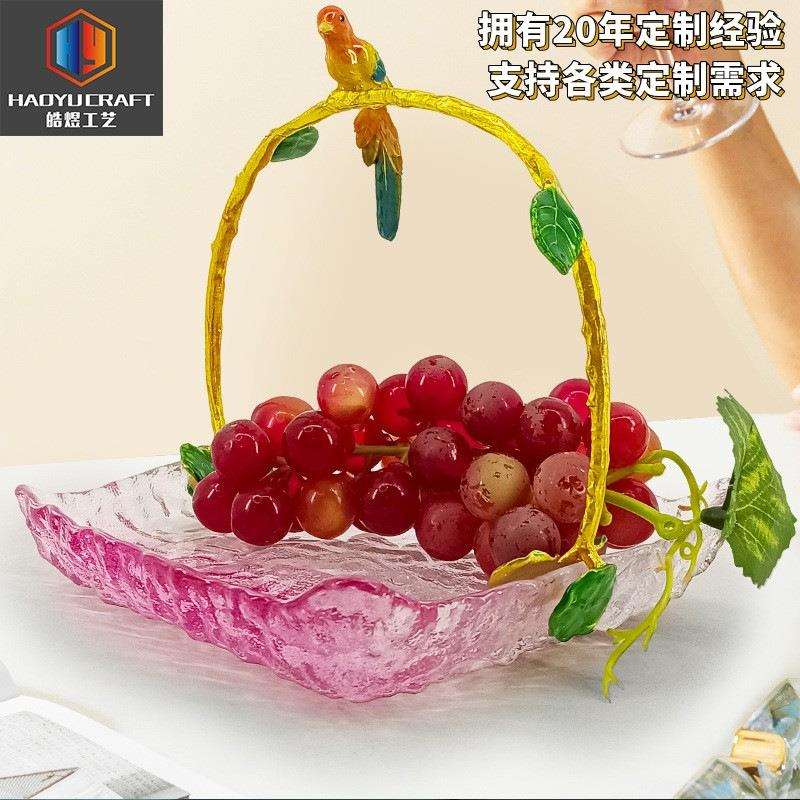果盘美式装饰摆件喜鹊立枝琉璃提篮复古风铜制欧式家居双色水果篮