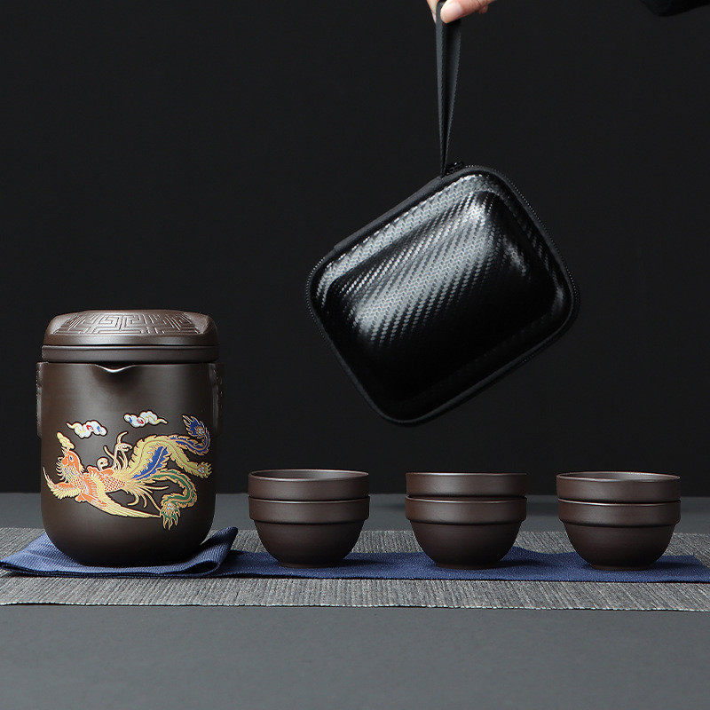 中式遇水变热龙凤紫砂一壶六杯快客杯户外旅行茶具套装冲茶泡茶器