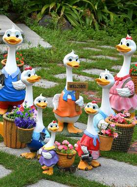 户外玻璃纤维雕塑彷真动物摆件花园庭院卡通鸭子花盆幼儿园装饰小