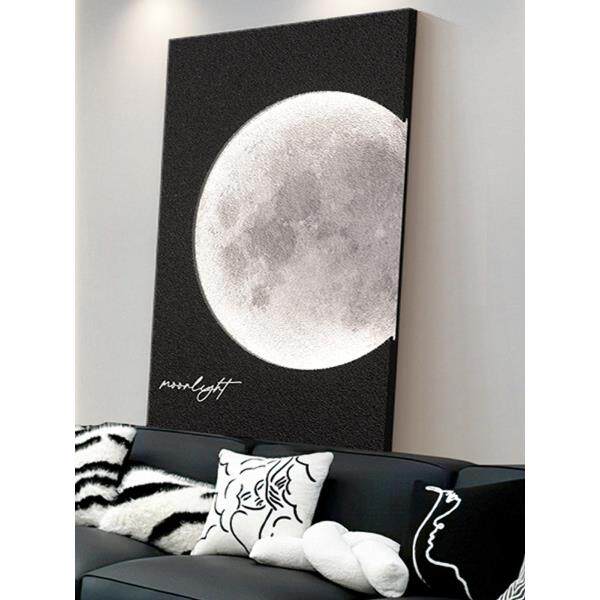 黑白简月客厅装饰画沙发背景墙挂画高端月亮砂岩落地入口壁画