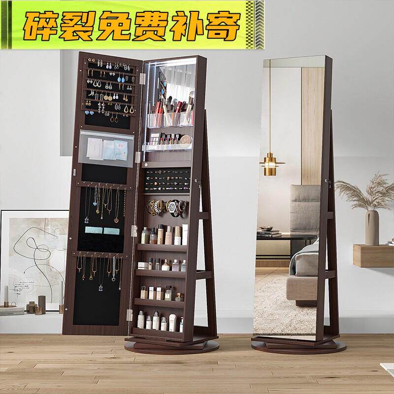 简约全身镜家用落地镜带首饰收纳柜女生化妆镜子带灯全身镜可旋转
