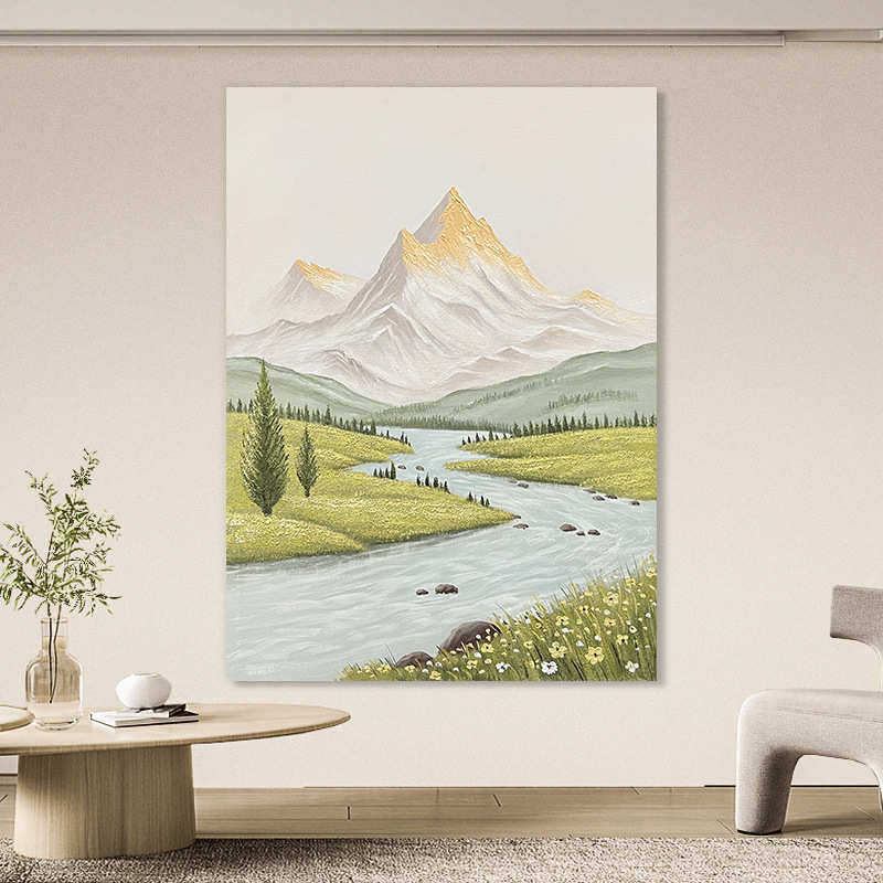 手绘油画客厅装饰画立体山水画入户玄关走廊壁画侘寂风手绘肌理画