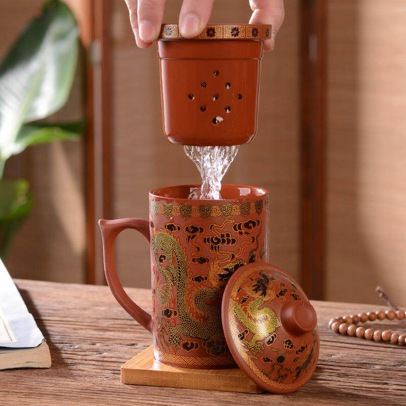 新款直销温变紫砂杯龙纹变色杯升华杯陶瓷复古带盖水杯茶水分离办