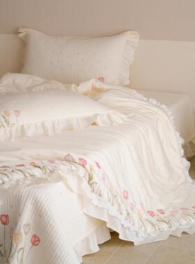 法式公主风丨天丝棉床盖四件套被套蕾丝花边少女心白色夏季床品