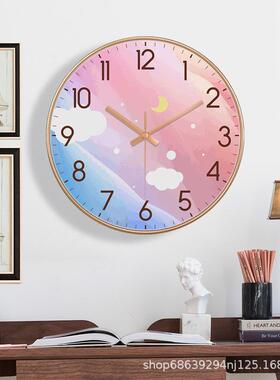 新款直销电波挂钟家用客厅时尚风景免打孔粉色时钟客厅创意个性时