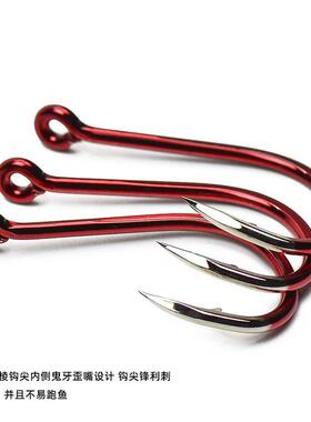 红色鱼钩管付千又渔钩有带孔圈环倒刺海钓矶钓加粗大物钩大包装