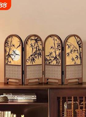 小屏风摆件中古风竹子新款桌面摆台画折叠折屏高级感电视柜装饰画