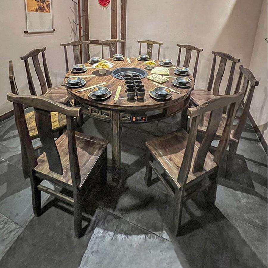 麻辣烫地摊小火锅桌子电磁炉一体商用围炉串串实木岩板专用餐桌椅