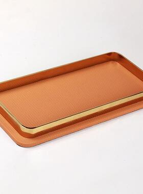 简约现代金属皮革几何长方形托盘桌面收纳样板房卧室客厅装饰摆件