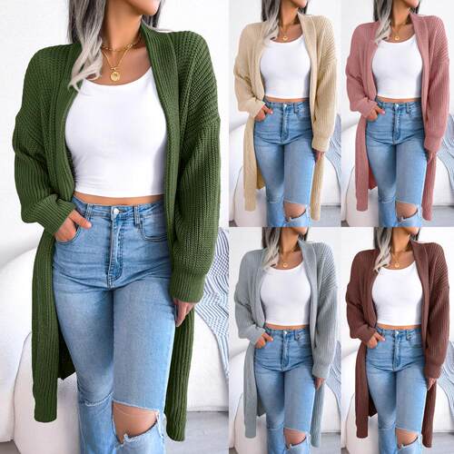 Flip collar long knit cardigan jacket for women's clothing