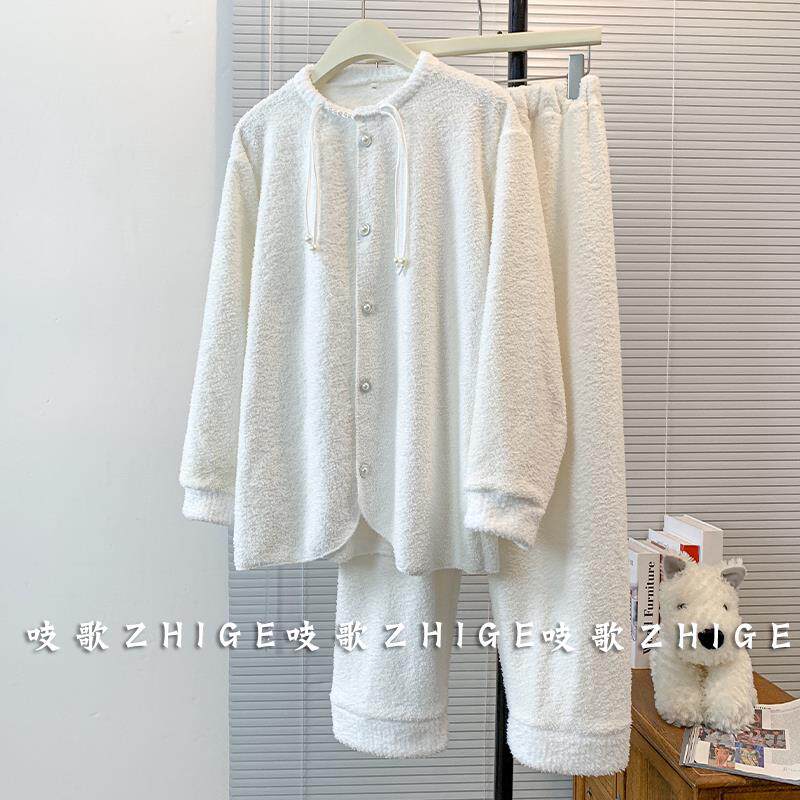 新中式国风半边绒睡衣女士款秋冬季加绒加厚珊瑚绒家居服套装冬天