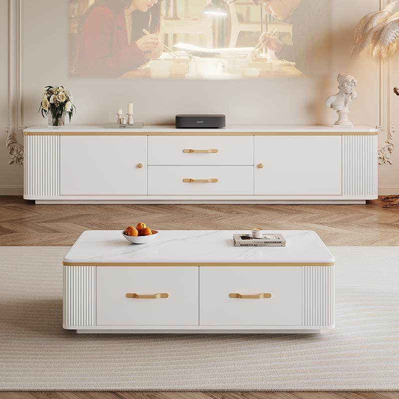 宏特维微晶石纯实木落地电视 柜 茶几组合轻奢法式小户型现代简约客