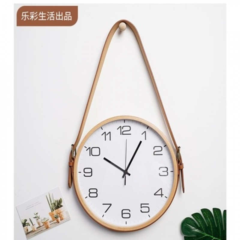 hot北欧实木挂钟客厅现代简约家用皮带原木静音时钟表卧室创意免